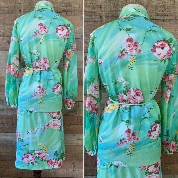 Vintage 1970’s Boho Hippie Green Floral 2 Piece Tunic Top Skirt Set Size M - Picture 4 of 10